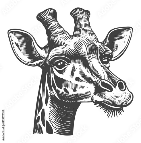 Detailed Engraving of a Giraffe Head in Classic Woodcut Style