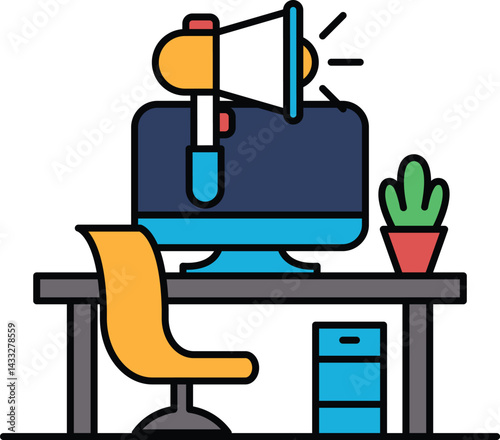 A computer monitor sits on a desk with a chair and a potted plant