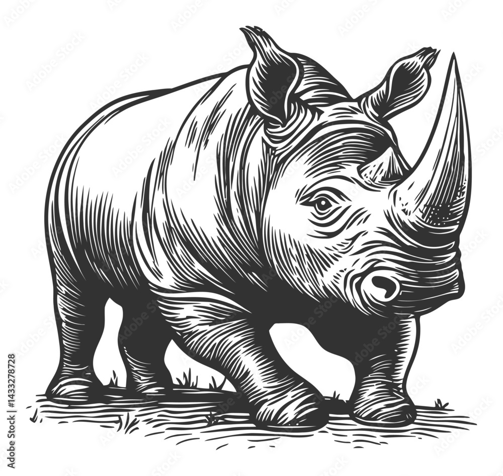 Fototapeta premium Classic Rhino Engraving Illustration in Traditional Woodcut Style