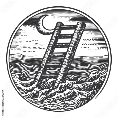 Surreal Wooden Ladder Elevating Above Ocean Waves and Moonlight