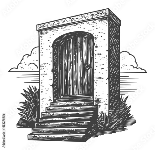 Vintage Door Illustration in Engraving Style with Nature Background