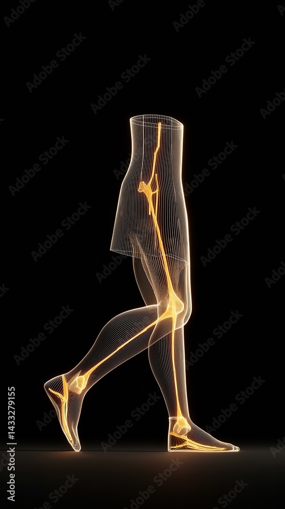 Walking Wireframe Legs with Glowing Skeleton: Motion Anatomy Walking Wireframe Legs with Glowing Skeleton: Motion Anatomy