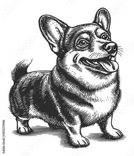 Engraved Illustration of a Happy Corgi in Classic Woodcut Style