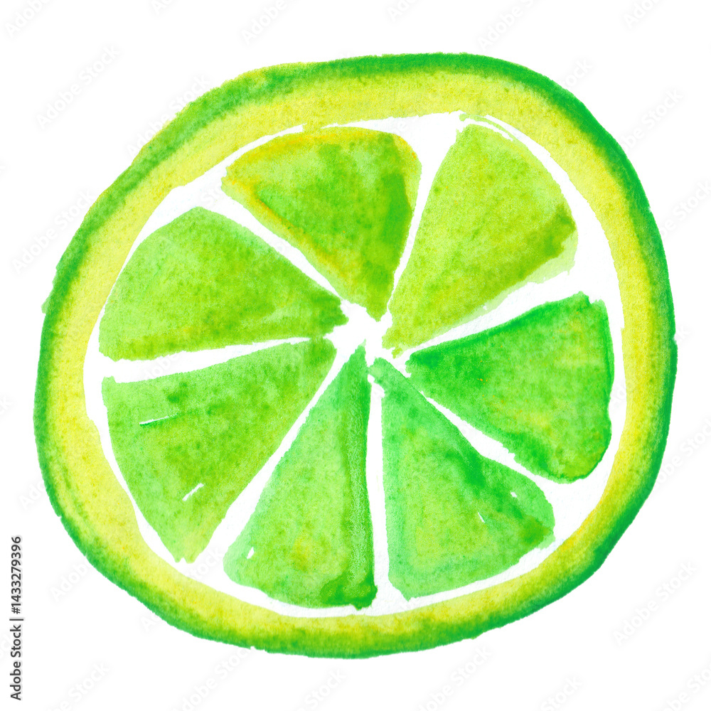 Watercolor lime circle isolated on white background. Summer fruit decor element..