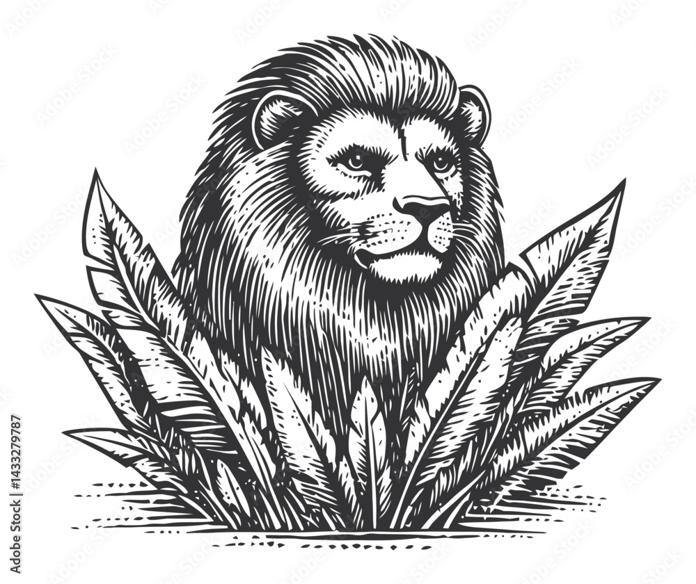 Fototapeta premium Intricate Engraving of a Lion Emerging from Detailed Leaves