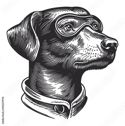 Vintage Dog Illustration with Aviator Goggles in Engraving Style