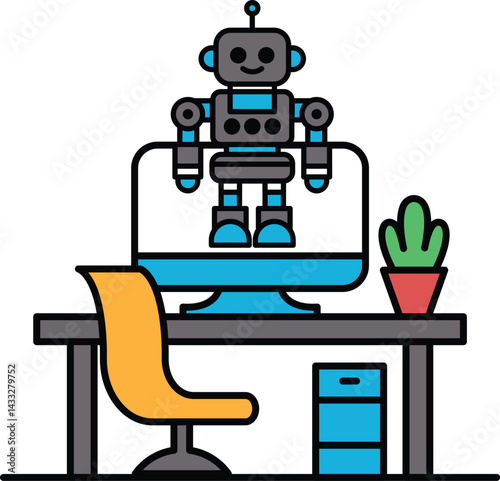 A robot is standing in front of a computer monitor