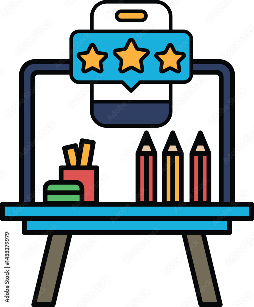 Obraz premium A table with a laptop, pencils, and a star rating
