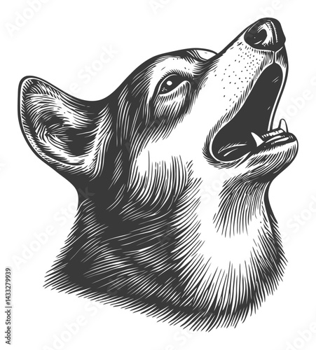 Detailed Engraving of a Howling Dog in Classic Style