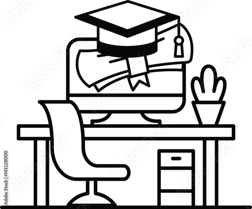 computer monitor sits on a desk with a chair and a potted plant