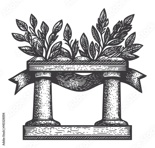 Detailed Engraving of Columns with Leaves and Ribbon Decoration