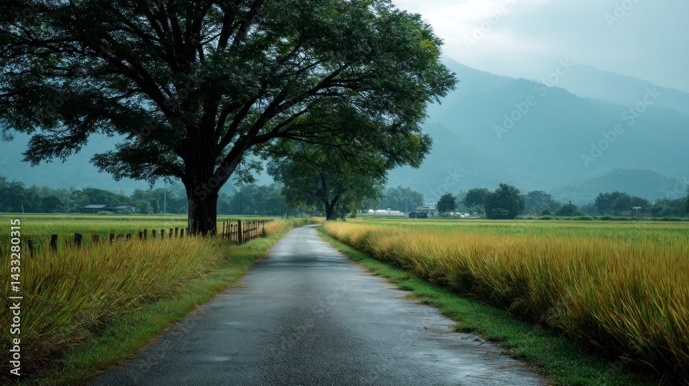 Rural Road Through Rice Fields Leading to Distant Mountains on Overcast Day Rural Road Through Rice Fields Leading to Distant Mountains on Overcast Day