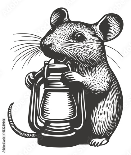 Detailed Woodcut Illustration of a Mouse Holding a Lantern