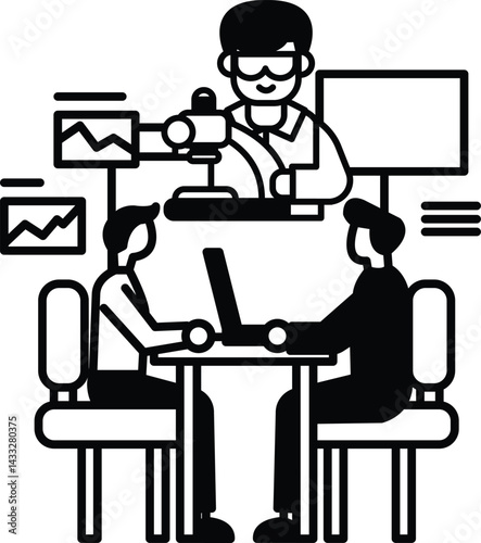 people are sitting at a table with a laptop in front of them