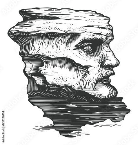 Detailed Engraving of a Carved Stone Face in Classic Artistic Style