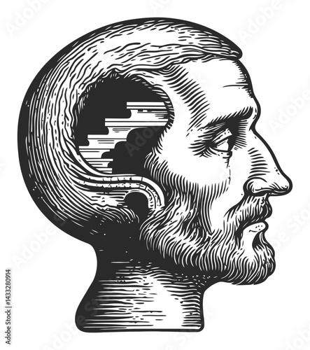 Vintage Engraving of Human Head Profile with Intricate Details