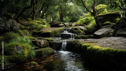 Lush, flowing stream through mossy rocks