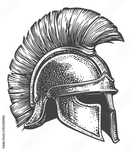 Detailed Engraving of a Roman Warrior Helmet in Vintage Style