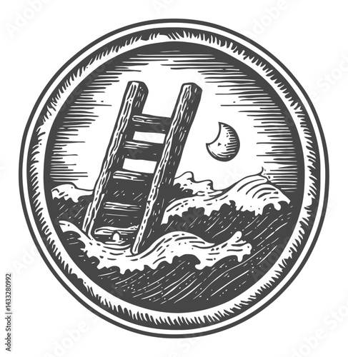 Intricate Woodcut Illustration of a Ladder Floating on Waves