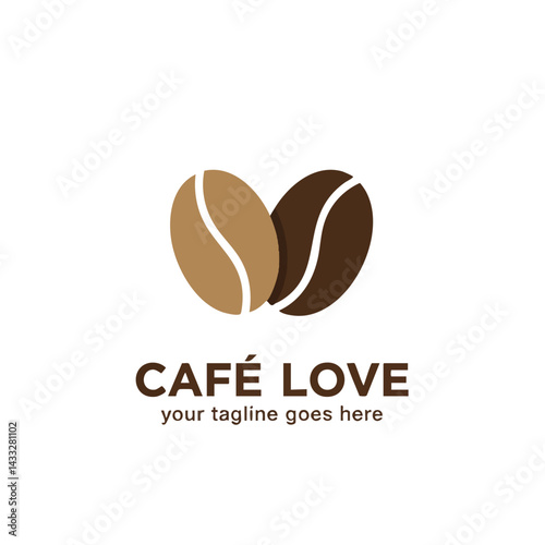 Cafe Love logo design with two coffee beans forming heart shape icon for coffee shop or brand identity.
