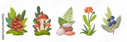 Colorful woodland elements in a decorative arrangement