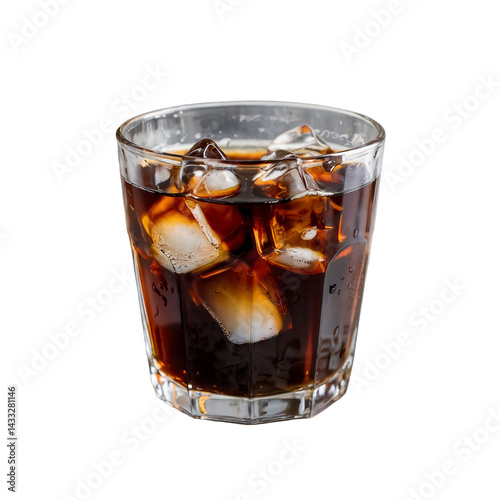 Black iced coffee, clear glass filled with dark coffee, ice cubes visibly floating, sleek, simple white background,