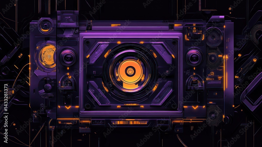 Fototapeta premium Close-up on intricate, futuristic device with glowing core, on circuit background