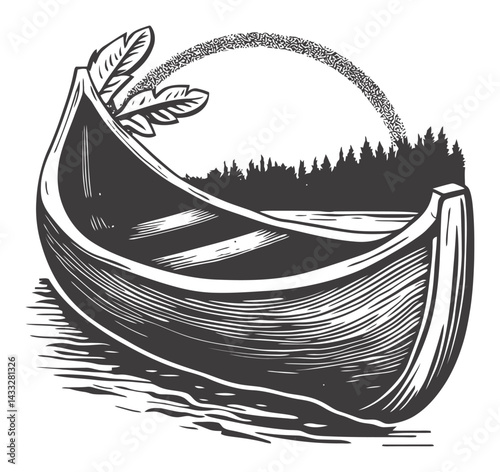 Vintage Woodcut Style Canoe Surrounded by Nature and Landscape
