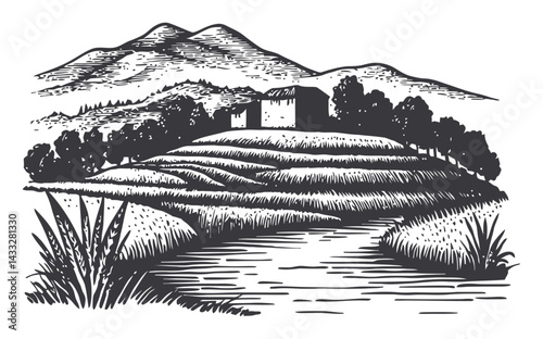 Black and White Engraving of a Tranquil Landscape with House