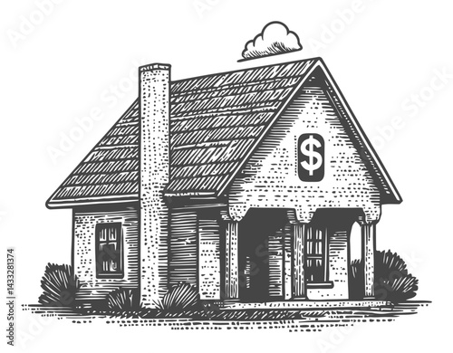 Detailed Vintage House Illustration with Dollar Sign Symbol
