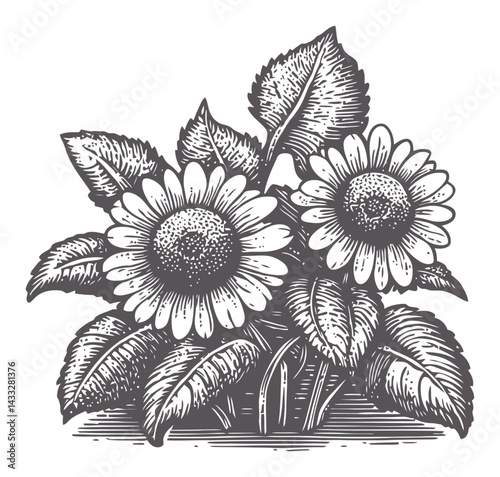 Engraved Illustration of Sunflowers with Detailed Leaves and Stems