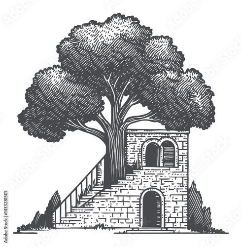 Detailed Engraving of a Tree Next to an Old Stone Structure