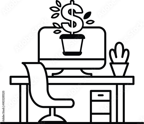 computer monitor sits on a desk with a plant and a dollar bill