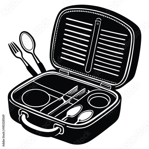 Camping Food & Cooking Gear vector silhouette illustration Compact mess kit opened with compartments showing organized utensils and plates