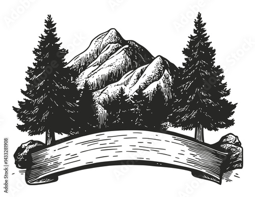 Vintage Landscape Illustration with Mountains and Pine Trees