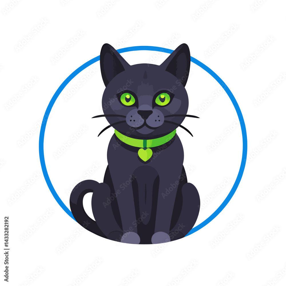 Obraz premium Cute-Black-Cat-Green-Eyes-Collar-Heart-Charm_Cartoon-Vector