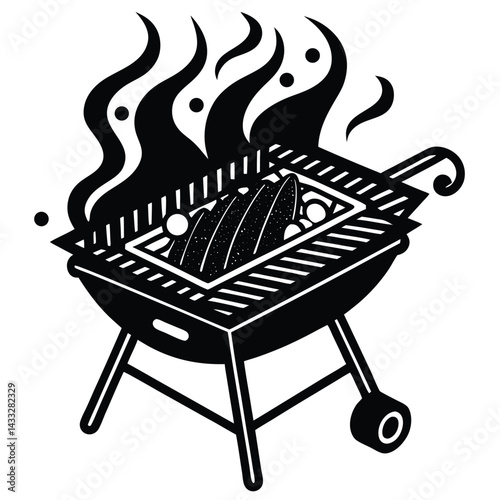 Camping Food & Cooking Gear vector silhouette illustration Folding grill with meat and corn roasting, smoke illustrated in swirls