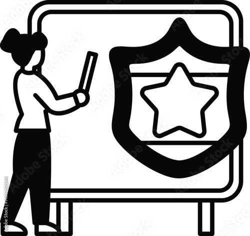 woman is drawing a shield with a star on it