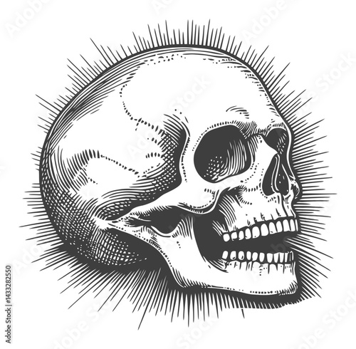 Detailed Black and White Engraving of a Skull with Radiating Lines