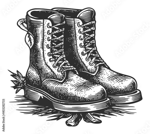 Detailed Engraving of Classic Hiking Boots in Vintage Style