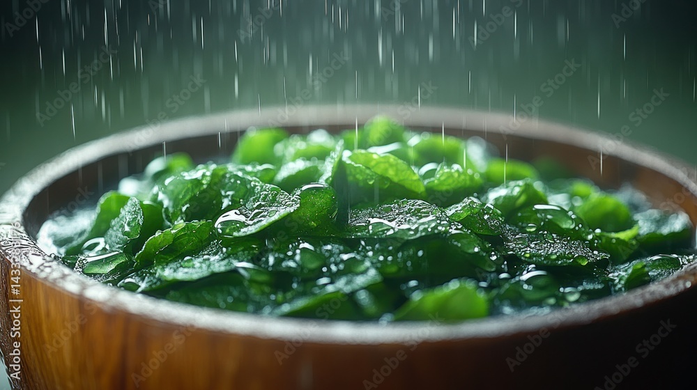 Fresh, vibrant greens being rinsed in a wooden bowl under a gentle rain shower
