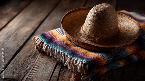 Sombrero on Colorful Serape Blanket Resting on Rustic Wooden Table