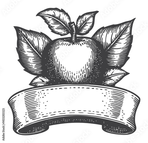 Vintage Apple Illustration with Leaves and Blank Ribbon Banner