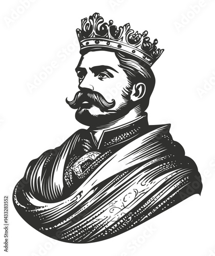 Regal Man in Crown with Mustache Vintage Engraving Style Illustration