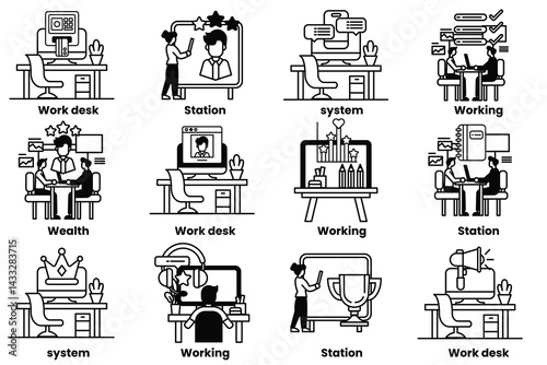 set of illustrations in the concept of office desks and business equipment in a line style