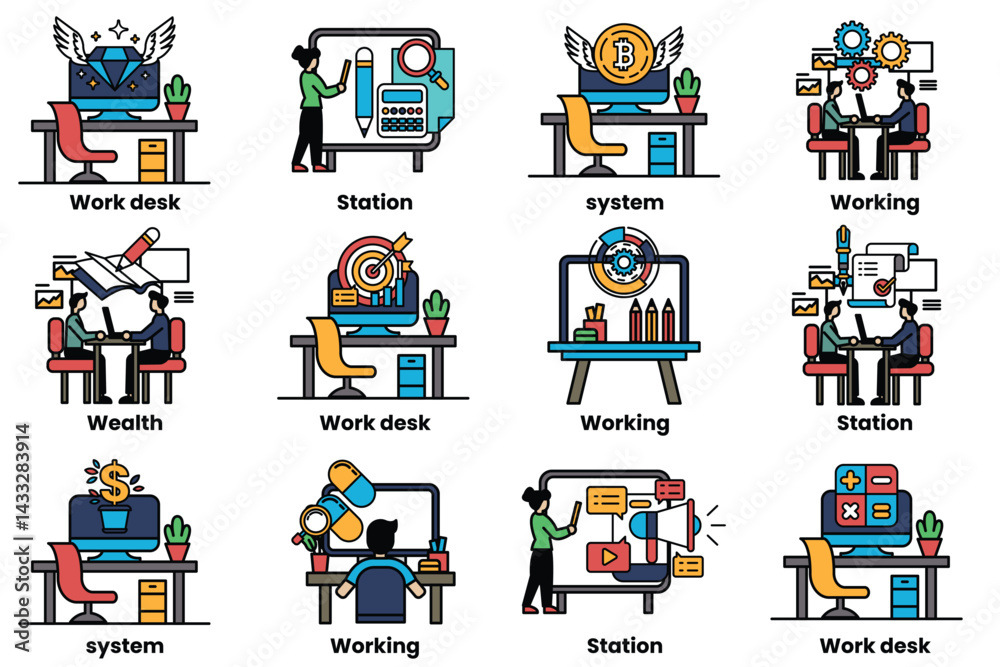 Obraz premium set of illustrations in the concept of office desks and business equipment in a line style