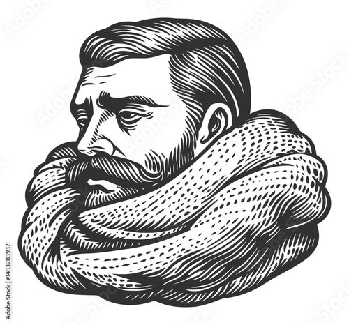 Vintage Engraving of a Man with a Beard and Wool Scarf in Classic Style