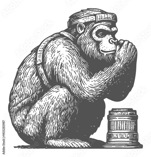 Detailed Engraving Illustration of Thoughtful Sitting Monkey