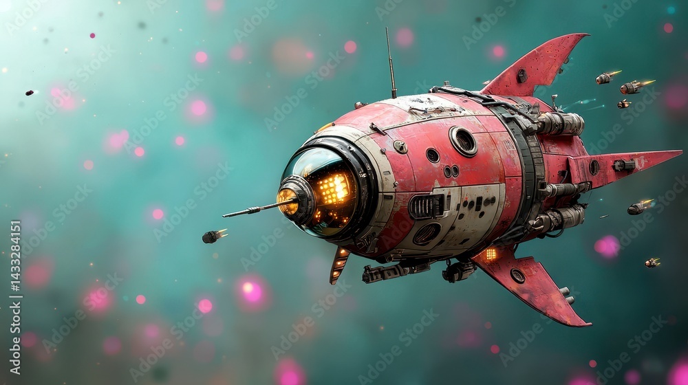 Retro futuristic spaceship, pixel art style, damaged, red and white, flying through teal nebula with pink particles. Glowing cockpit window. Digital art, space exploration.