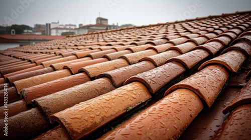 Wet terracotta roof tiles, glistening with raindrops, cityscape in the blurred background.